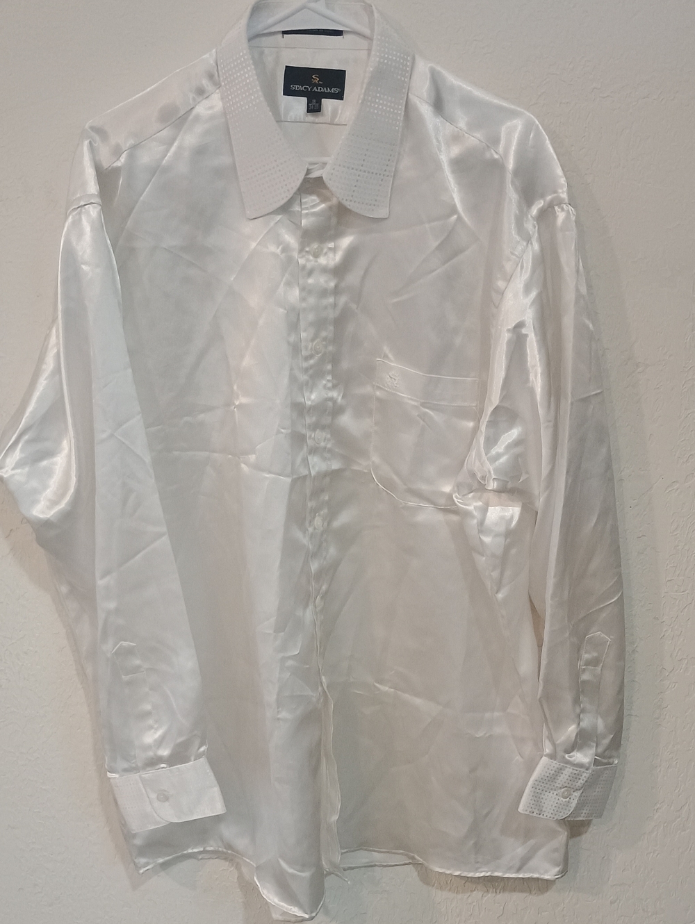 Stacy Adams White Satin Dress Shirt with Textured Collar